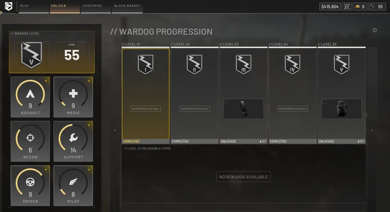 WARDOGS Level 55 V | $415K Cash | Support 14 | Assault 9 | Medic 9 | Driver 9 | Pilot 8 | Recon 6