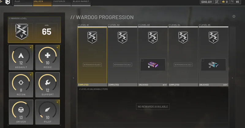 Buy WARDOGS Level 65 V account with $202K Cash, Assault 12, Support 12, Driver 13, Medic 10, Pilot 10 and Recon 8. Ready-to-play premium account.