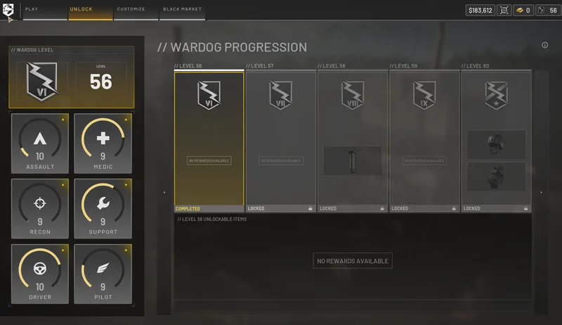 WARDOGS Level 56 VI | $183K Cash | 4 Achievements | All Roles 9+